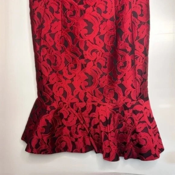 Ann Taylor Red Black Floral Jacquard Flounce Drop Waist Ruffle Hem Dress size: 8 - Picture 3 of 5